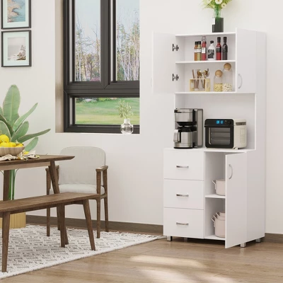 HOMCOM Freestanding Kitchen Pantry, Buffet With Hutch Storage Organizer With 2 Door Cabinets, 3 Drawers And Open Countertop, Adjustable Shelf, White 2 HOMCOM Freestanding Kitchen Pantry, Buffet With Hutch Storage Organizer With 2 Door Cabinets, 3 Drawers And Open Countertop, Adjustable Shelf, White - Image 2