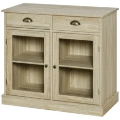 HOMCOM Rustic Farmhouse Sideboard, Buffet Cabinet With 2 Glass Doors, Adjustable Shelves And 2 Drawers For Kitchen, Living Room, Oak -Homcom GUEST 04831bc5 e114 4f35 a3de 8af7d7da9ced