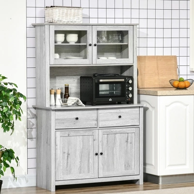 HOMCOM 63.5" Kitchen Buffet With Hutch, Pantry Storage Cabinet With 4 Shelves, Drawers, Framed Glass Doors, Open Microwave Countertop, Ash Gray 2 HOMCOM 63.5" Kitchen Buffet With Hutch, Pantry Storage Cabinet With 4 Shelves, Drawers, Framed Glass Doors, Open Microwave Countertop, Ash Gray - Image 2