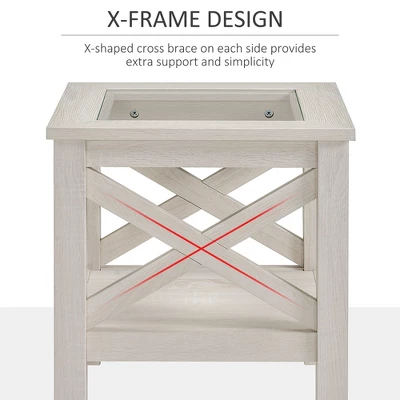 HOMCOM Farmhouse End Table, Sofa Side Table With Tempered Glass Top, Coffee Table With Underneath Storage Shelf For Living Room, Bedroom, White Oak 4 HOMCOM Farmhouse End Table, Sofa Side Table With Tempered Glass Top, Coffee Table With Underneath Storage Shelf For Living Room, Bedroom, White Oak - Image 4