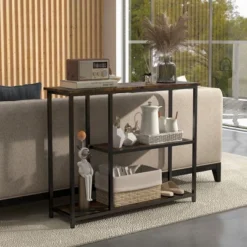 HOMCOM 39" Console Table, Modern Sofa Table With 2 Storage Shelves, Steel Frame, Narrow Entryway Table For Hallway