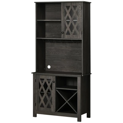 HOMCOM 72" Kitchen Pantry, Buffet With Hutch, Cupboard For Microwave, With 2 Door Cabinet, Wine Glasses Rack And 12-Bottle Wine Rack, Dark Grey 3 HOMCOM 72" Kitchen Pantry, Buffet With Hutch, Cupboard For Microwave, With 2 Door Cabinet, Wine Glasses Rack And 12-Bottle Wine Rack, Dark Grey - Image 3