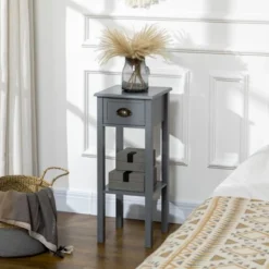 HOMCOM 2-Tier Night Stand With Drawer, Narrow End Table With Bottom Shelf, For Living Room Or Bedroom