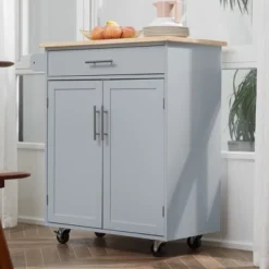 HOMCOM Kitchen Island Cart Rolling Trolley Cart With Drawer, Storage Cabinet & Towel Rack, Gray