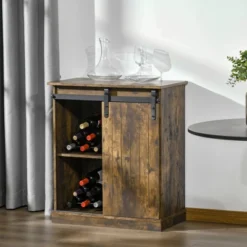HOMCOM Industrial Sideboard Storage Cabinet, Serving Bar Buffet With Sliding Barn Door And 6-Bottle Wine Rack