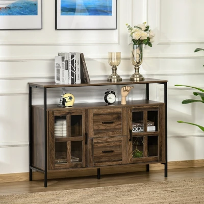 HOMCOM Rustic Kitchen Sideboard, Serving Buffet Storage Cabinet With Adjustable Shelves, Glass Doors, And 2 Drawers For Living Room 1 HOMCOM Rustic Kitchen Sideboard, Serving Buffet Storage Cabinet With Adjustable Shelves, Glass Doors, And 2 Drawers For Living Room