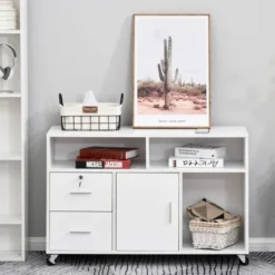 HOMCOM Printer Stand Home Office Mobile Cabinet Organizer Desktop With Caster Wheels, 2 Locking Breaks And Drawer