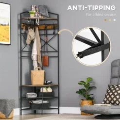 HOMCOM Industrial Corner Hall Tree With Shoe Bench, Entryway Coat Rack, Freestanding Coat Tree With 6 Double Hooks, Rustic Brown 8 HOMCOM Industrial Corner Hall Tree With Shoe Bench, Entryway Coat Rack, Freestanding Coat Tree With 6 Double Hooks, Rustic Brown -Homcom GUEST 1600e91a 00d0 429c a523 d2505fbe2574