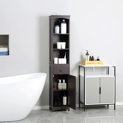 HOMCOM Bathroom Storage Cabinet, Free Standing Bath Storage Unit, Tall Linen Tower With 3-Tier Shelves And Drawer, Brown 2 HOMCOM Bathroom Storage Cabinet, Free Standing Bath Storage Unit, Tall Linen Tower With 3-Tier Shelves And Drawer, Brown - Image 2