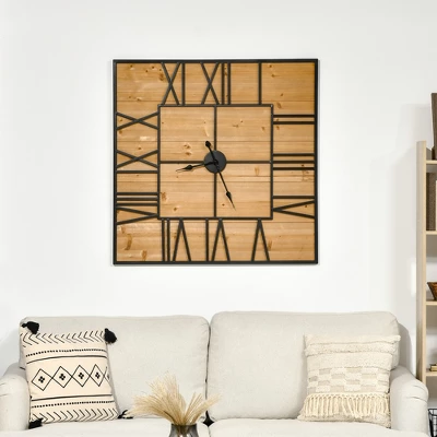 HOMCOM 36 Inch Large Wall Clock, Square Silent Non Ticking Metal Wood Farmhouse Roman Numeral Clocks Decor, Battery Operated, Black And Natural 2 HOMCOM 36 Inch Large Wall Clock, Square Silent Non Ticking Metal Wood Farmhouse Roman Numeral Clocks Decor, Battery Operated, Black And Natural - Image 2