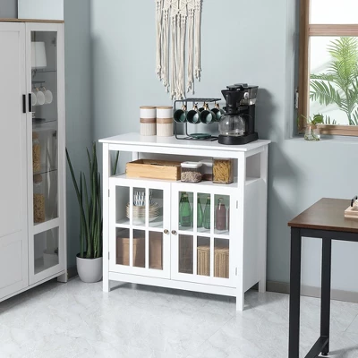HOMCOM Kitchen Sideboard, Storage Buffet Cabinet With Open Shelf, Glass Door Cabinet And Adjustable Shelf For Living Room, White 2 HOMCOM Kitchen Sideboard, Storage Buffet Cabinet With Open Shelf, Glass Door Cabinet And Adjustable Shelf For Living Room, White - Image 2