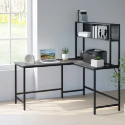 HOMCOM 55 Inch Home Office L-Shaped Computer Desk With Hutch And Storage Shelves, PC Table Study Writing Workstation With 2 Storage Compartments, Bookshelf