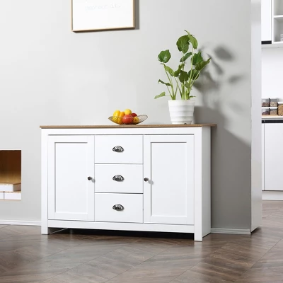 HOMCOM Kitchen Sideboard With Adjustable Shelves, Dining Buffet Cabinet With 3 Storage Drawers, White 2 HOMCOM Kitchen Sideboard With Adjustable Shelves, Dining Buffet Cabinet With 3 Storage Drawers, White - Image 2