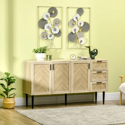 HOMCOM 61.5"L Buffet Cabinet, Rustic Sideboard With Storage Cabinets, Drawers And Adjustable Shelves For Living Room, Dining Room, Kitchen, Oak 1 HOMCOM 61.5"L Buffet Cabinet, Rustic Sideboard With Storage Cabinets, Drawers And Adjustable Shelves For Living Room, Dining Room, Kitchen, Oak