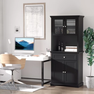 HOMCOM 71" Traditional Freestanding Kitchen Buffet With Hutch, Pantry Cabinet With 4 Doors, 3-Level Adjustable Shelves, And 1 Drawer, Black 1 HOMCOM 71" Traditional Freestanding Kitchen Buffet With Hutch, Pantry Cabinet With 4 Doors, 3-Level Adjustable Shelves, And 1 Drawer, Black