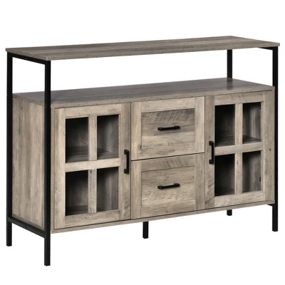 HOMCOM Rustic Kitchen Sideboard, Serving Buffet Storage Cabinet With Adjustable Shelves, Glass Doors, And 2 Drawers For Living Room 7 HOMCOM Rustic Kitchen Sideboard, Serving Buffet Storage Cabinet With Adjustable Shelves, Glass Doors, And 2 Drawers For Living Room - Image 7