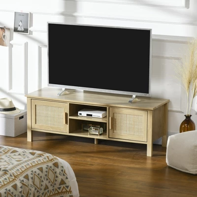 HOMCOM Boho TV Stand For 60 Inch Television, Entertainment Center With Rattan Door, Adjustable Shelf And Storage Cabinets, TV Console Cabinet, Natural 1 HOMCOM Boho TV Stand For 60 Inch Television, Entertainment Center With Rattan Door, Adjustable Shelf And Storage Cabinets, TV Console Cabinet, Natural