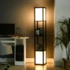 HOMCOM Modern Floor Lamp With Shelves & Dual Ambient Lighting, Tall Standing Lamp For Living Room, Bedroom, Fabric Lampshade, Black