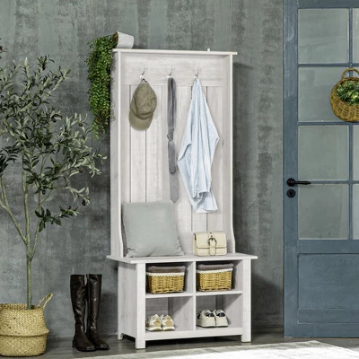 HOMCOM Hall Tree With Shoe Storage Bench, Entryway Bench With Coat Rack, Accent Coat Tree With Adjustable Shelves For Mud Room, Distressed White 2 HOMCOM Hall Tree With Shoe Storage Bench, Entryway Bench With Coat Rack, Accent Coat Tree With Adjustable Shelves For Mud Room, Distressed White - Image 2