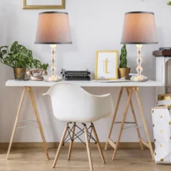 HOMCOM Crystallite Modern Table Lamps For Bedroom Set Of 2, Bedside Desk Lamp For Home Office, Living Room Lamp Set With Fabric Lampshades, Gray