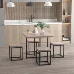 HOMCOM 5 Piece Dining Table Set, Square Kitchen Table Set With Stools For Small Space, Breakfast Nook