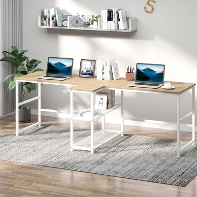 HOMCOM 83" Two Person Computer Desk With 2 Storage Shelves, Double Desk Workstation With Book Shelf, Long Desk Table For Home Office, Natural 2 HOMCOM 83" Two Person Computer Desk With 2 Storage Shelves, Double Desk Workstation With Book Shelf, Long Desk Table For Home Office, Natural - Image 2