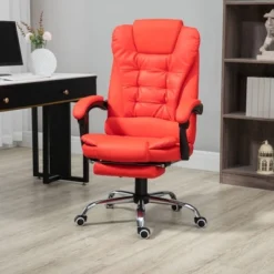 HOMCOM High-Back Executive Office Chair With Footrest, PU Leather Computer Chair With Reclining Function And Armrest, Ergonomic Office Chair, Red