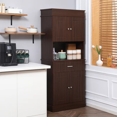 HOMCOM 72" Kitchen Buffet With Hutch, Freestanding Pantry Cupboard With Utility Drawer, Adjustable Hinge, Anti-tipping 2 Cabinet And Countertop, Brown 2 HOMCOM 72" Kitchen Buffet With Hutch, Freestanding Pantry Cupboard With Utility Drawer, Adjustable Hinge, Anti-tipping 2 Cabinet And Countertop, Brown - Image 2
