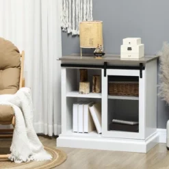 HOMCOM Farmhouse Kitchen Sideboard, Buffet Cabinet With Sliding Barn Door And Adjustable Shelves For Living Room