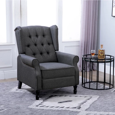 HOMCOM Fabric Upholstered Wingback Recliner, Tufted Back Linen Arm Chair With Footrest, Armrest, Padded Cushion, Dark Grey 1 HOMCOM Fabric Upholstered Wingback Recliner, Tufted Back Linen Arm Chair With Footrest, Armrest, Padded Cushion, Dark Grey