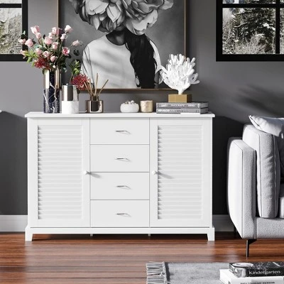 HOMCOM 47" Modern Storage Cabinet Buffet Sideboard With Drawers And Louvered Doors- White 1 HOMCOM 47" Modern Storage Cabinet Buffet Sideboard With Drawers And Louvered Doors- White