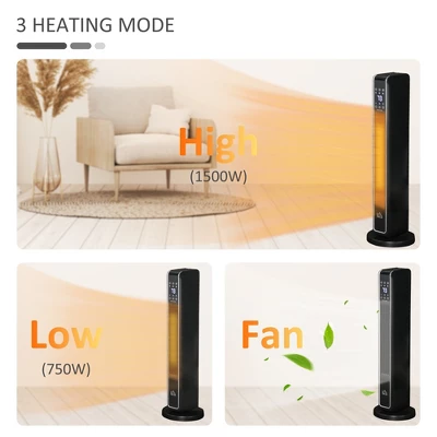 HOMCOM Ceramic Tower Heater, Oscillating Space Heater With Remote Control, Timer, Tip-Over & Overheat Protect, 750W/1500W, Black 7 HOMCOM Ceramic Tower Heater, Oscillating Space Heater With Remote Control, Timer, Tip-Over & Overheat Protect, 750W/1500W, Black - Image 7