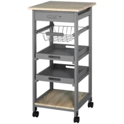 HOMCOM Mobile Rolling Kitchen Island Trolley Serving Cart With Underneath Drawer & Slide-Out Wire Storage Basket, Grey -Homcom GUEST 399c4a02 a463 4e4f b9eb 475d358ceb8d