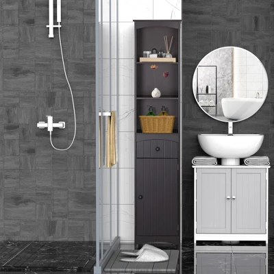 HOMCOM Bathroom Storage Cabinet, Free Standing Bath Storage Unit, Tall Linen Tower With 3-Tier Shelves And Drawer, Brown 1 HOMCOM Bathroom Storage Cabinet, Free Standing Bath Storage Unit, Tall Linen Tower With 3-Tier Shelves And Drawer, Brown