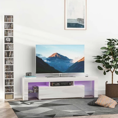 HOMCOM High Gloss TV Stand Cabinet With Remote Controlled LED Lights, Media TV Console Table With Storage Compartment For TVs Up To 65", White 2 HOMCOM High Gloss TV Stand Cabinet With Remote Controlled LED Lights, Media TV Console Table With Storage Compartment For TVs Up To 65", White - Image 2