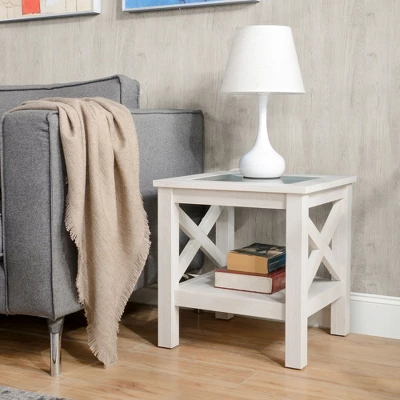 HOMCOM Farmhouse End Table, Sofa Side Table With Tempered Glass Top, Coffee Table With Underneath Storage Shelf For Living Room, Bedroom, White Oak 1 HOMCOM Farmhouse End Table, Sofa Side Table With Tempered Glass Top, Coffee Table With Underneath Storage Shelf For Living Room, Bedroom, White Oak