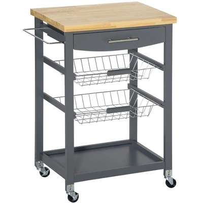 HOMCOM 3-Tier Utility Kitchen Cart With Handle Bar, Steel Basket Rolling Cart, Food Storage Service Trolley With Drawer, Rubber Wood Top 6 HOMCOM 3-Tier Utility Kitchen Cart With Handle Bar, Steel Basket Rolling Cart, Food Storage Service Trolley With Drawer, Rubber Wood Top - Image 6