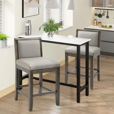 HOMCOM 25.5" Counter Height Bar Stools Set Of 2, PU Leather Kitchen Stool, Upholstered Bar Chairs With Back, Wood Legs, Gray 2 HOMCOM 25.5" Counter Height Bar Stools Set Of 2, PU Leather Kitchen Stool, Upholstered Bar Chairs With Back, Wood Legs, Gray - Image 2