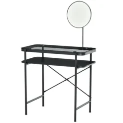 HOMCOM Modern Glasstop Vanity Table With Mirror, Makeup Dressing Table With Rotating Round Mirror, Shelves For Perfumes, Cosmetics, Lotions, Black -Homcom GUEST 3ea758db fa3f 48bf bfca f76e5dd7a4fb