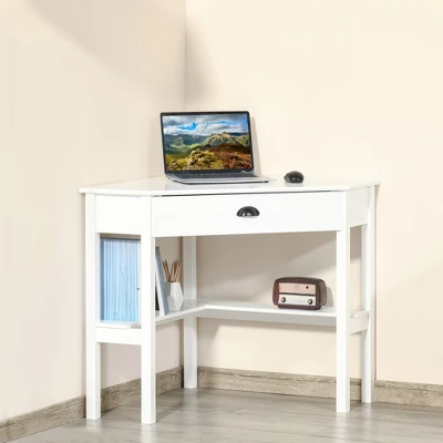 HOMCOM Corner Desk, Triangle Computer Desk With Drawer And Storage Shelves For Small Spaces, Home Office Workstation For Living Room, Or Bedroom 1 HOMCOM Corner Desk, Triangle Computer Desk With Drawer And Storage Shelves For Small Spaces, Home Office Workstation For Living Room, Or Bedroom