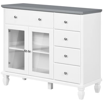 HOMCOM Kitchen Sideboard, Buffet Cabinet With 5 Storage Drawers And Double Glass Door Cupboard For Living Room, White 3 HOMCOM Kitchen Sideboard, Buffet Cabinet With 5 Storage Drawers And Double Glass Door Cupboard For Living Room, White - Image 3