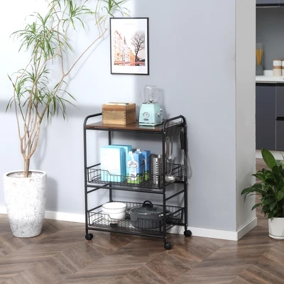 HOMCOM 24" 3-Tier Rolling Kitchen Cart, Utility Storage Trolley With 2 Basket Drawers, Side Hooks For Dining Room 1 HOMCOM 24" 3-Tier Rolling Kitchen Cart, Utility Storage Trolley With 2 Basket Drawers, Side Hooks For Dining Room