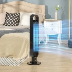 HOMCOM 39.25" Tower Fan Cooling For Bedroom With 80° Oscillating, 3 Speed, 12h Timer, LED Sensor Panel, Remote Control, Handle, Black