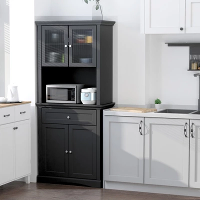 HOMCOM 71" Traditional Freestanding Kitchen Buffet With Hutch, Pantry Cabinet With 4 Doors, 3-Level Adjustable Shelves, And 1 Drawer, Black 2 HOMCOM 71" Traditional Freestanding Kitchen Buffet With Hutch, Pantry Cabinet With 4 Doors, 3-Level Adjustable Shelves, And 1 Drawer, Black - Image 2