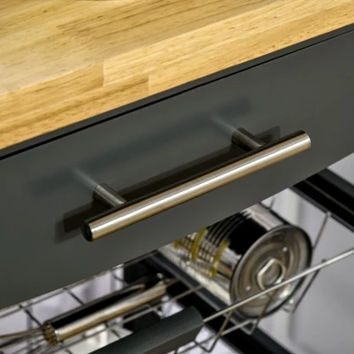 HOMCOM 3-Tier Utility Kitchen Cart With Handle Bar, Steel Basket Rolling Cart, Food Storage Service Trolley With Drawer, Rubber Wood Top 5 HOMCOM 3-Tier Utility Kitchen Cart With Handle Bar, Steel Basket Rolling Cart, Food Storage Service Trolley With Drawer, Rubber Wood Top - Image 5