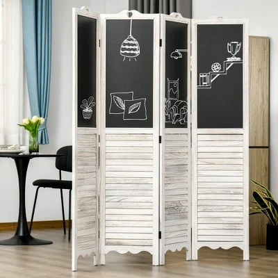 HOMCOM 4-Panel Folding Room Divider With Blackboard, 5.5 Ft Tall Freestanding Privacy Screen Panels For Bedroom Or Office, White 2 HOMCOM 4-Panel Folding Room Divider With Blackboard, 5.5 Ft Tall Freestanding Privacy Screen Panels For Bedroom Or Office, White - Image 2