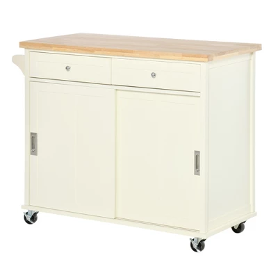 HOMCOM 43" Rolling Kitchen Island, Kitchen Storage Cart On Wheels With Sliding Doors, Cabinet, 2 Drawers, And Towel Rack, Cream White 3 HOMCOM 43" Rolling Kitchen Island, Kitchen Storage Cart On Wheels With Sliding Doors, Cabinet, 2 Drawers, And Towel Rack, Cream White - Image 3