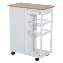 HOMCOM 28" Rolling Kitchen Trolley Serving Cart Storage Cabinet Bamboo Top With Wire Basket & Door Cabinet & Drawers, White -Homcom GUEST 4e06d74b 485a 480c b6de 708bb0e7779b