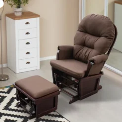 HOMCOM Nursery Glider Rocking Chair With Ottoman, Thick Padded Cushion Seating And Wood Base