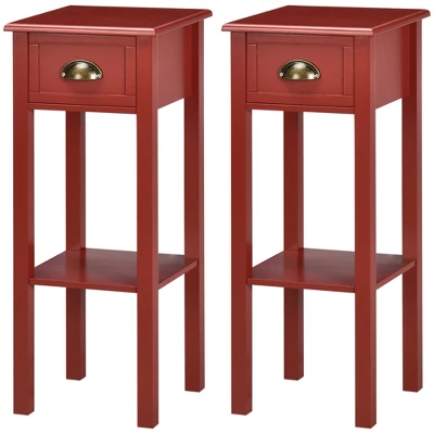 HOMCOM 2-Tier Side Table With Drawer, Narrow End Table With Bottom Shelf, For Living Room Or Bedroom, Set Of 2, Red 3 HOMCOM 2-Tier Side Table With Drawer, Narrow End Table With Bottom Shelf, For Living Room Or Bedroom, Set Of 2, Red - Image 3